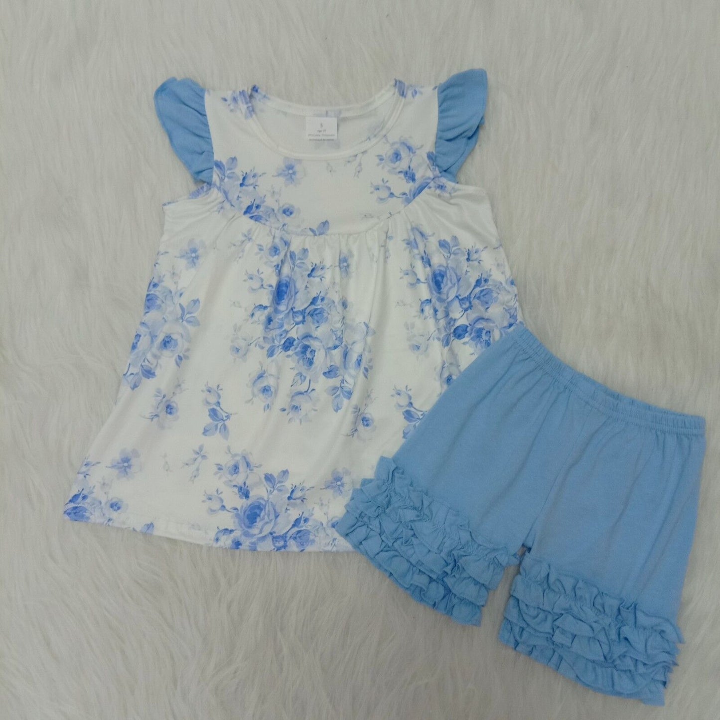 summer short Blue flowers cartoon Boutique set