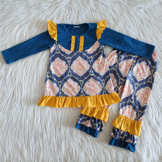 fall outfits  Blue yellow flowers boutique girl suit