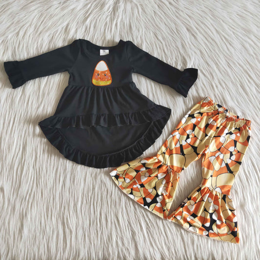 fall outfits Black top and yellow bell pants boutique girl suit