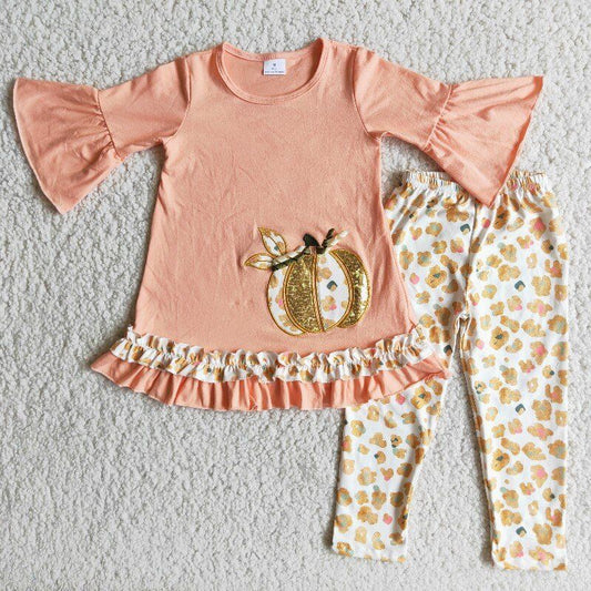 Halloween Boutique embroidery3/4 pumpkin girls set