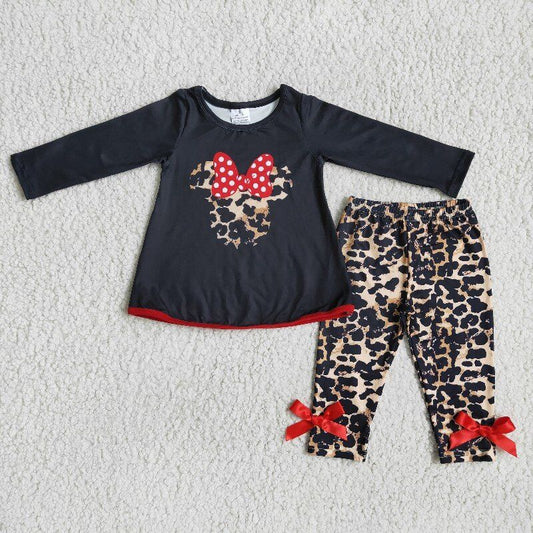 Fall Outfits Leopard  Red Cartoon Girls Set
