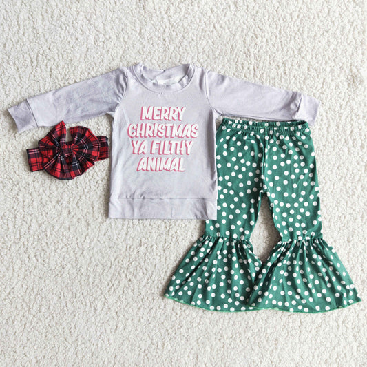 Merry Christmas with bow bell bottom girl Set