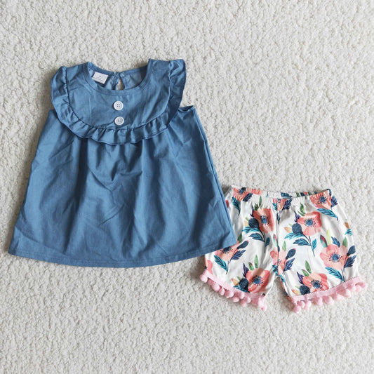 blue flowers jeans short summer set