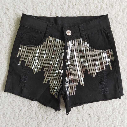 summer black sequins short jeans