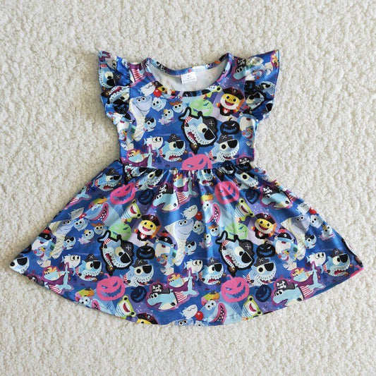 BLUE Whale Cartoon Ruffle big skirt