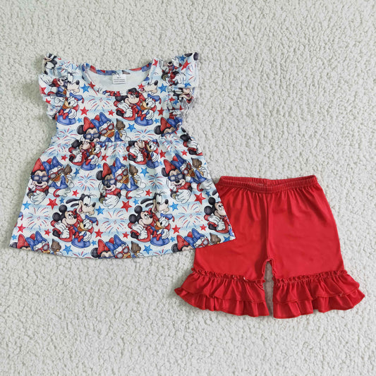 July of 4th Cartoon Red Ruffle girl summer set