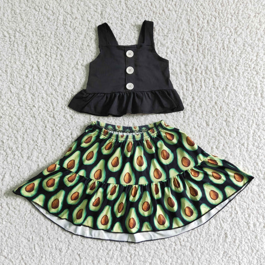 Summer Black Top + Avocado Pattern Skirt