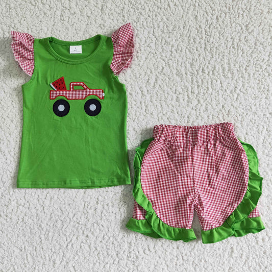 embroidery Green Ruffle Girls Summer Set