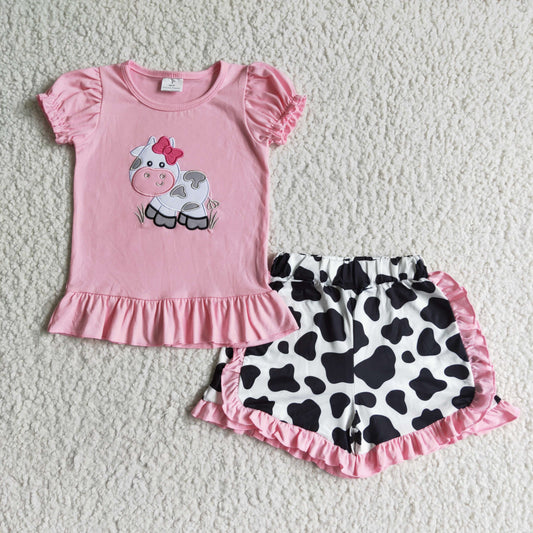 embroidery Pink Cow Ruffle Girls Summer Set