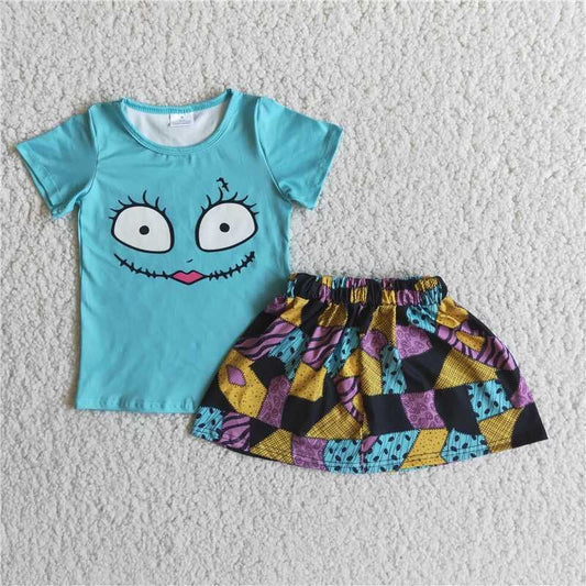 Halloween Blue Cartoon shirt with dress Girls Set