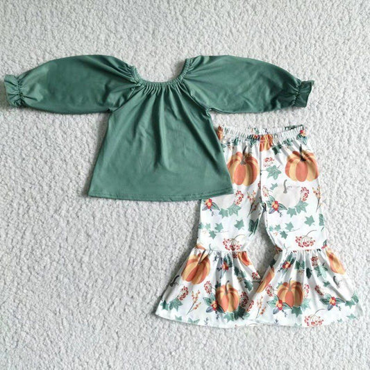 Green Top Pumpkin Flowers Bell Pants