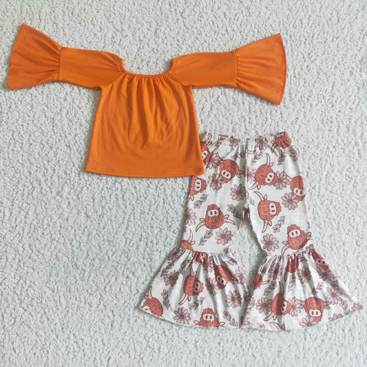 Fall Outfits Orange Flowers Cow Gilrs Set