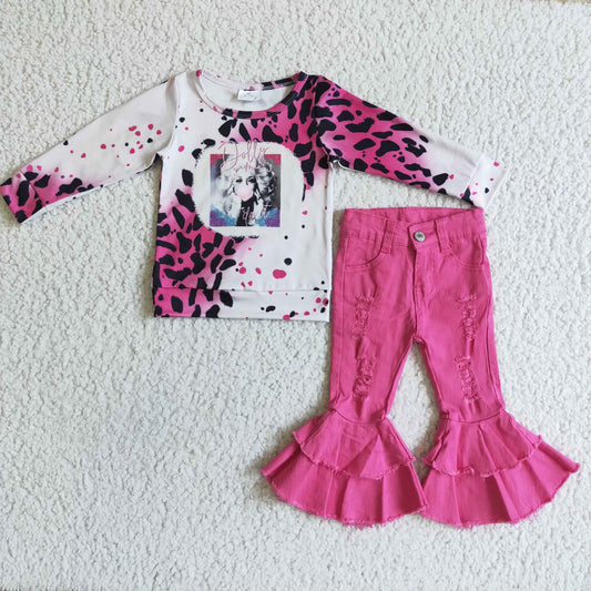 Leopard Woman Print Girls Shirt +Pink Jeans