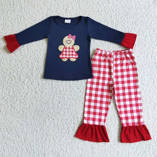 Christmas embroidery Gingerbread Plaid Girls Long Sleeve