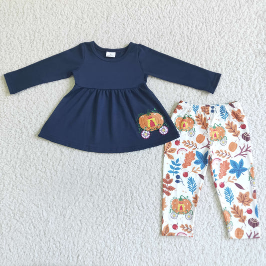 Fall Outfits Embroidered Cotton Flowers Pumpkin Girls Outfts