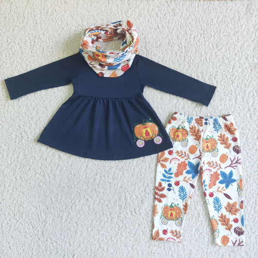 Fall Outfits Embroidered Cotton Flowers Pumpkin Girls Outfts