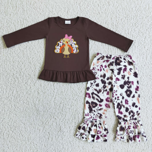 Thanksgiving Turkey Embroidery Leopard Girls Outfits