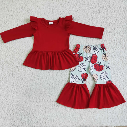 Fall Outfits Red Pumpkin Ruffle Girls Outfits