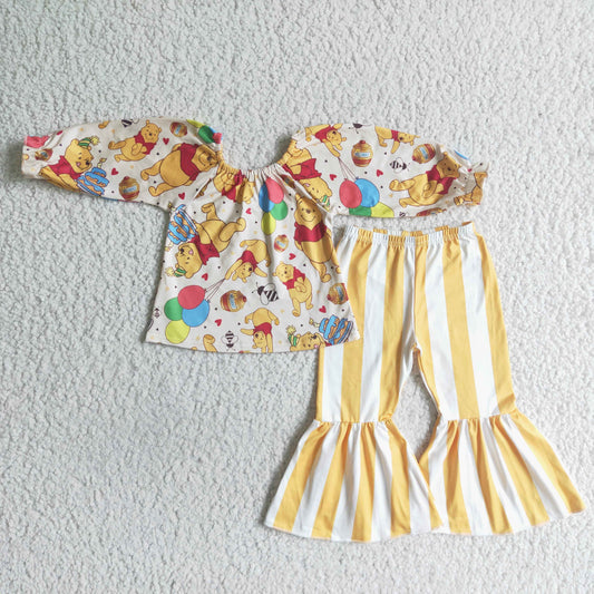 Yellow Cartoon Stripe Pants Summer Set