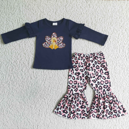 Thanksgiving Turkey Embroidery Leopard Girls Outfits