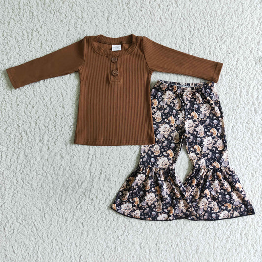 Brown Cotton Top Flowers Bell Pants