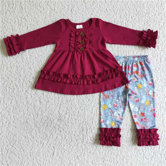 Fall Outfits Burgundy Flowers Girls Set