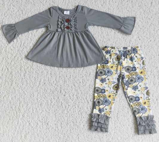 Fall Outfits Grey Flowers Girls Set