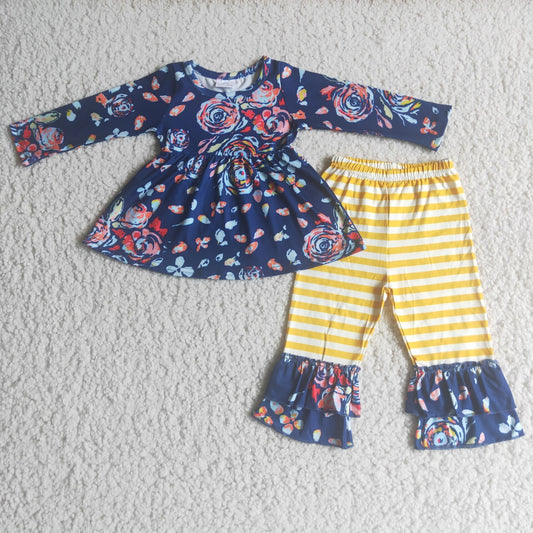 Fall Outfits Blue Flowers Girls Set