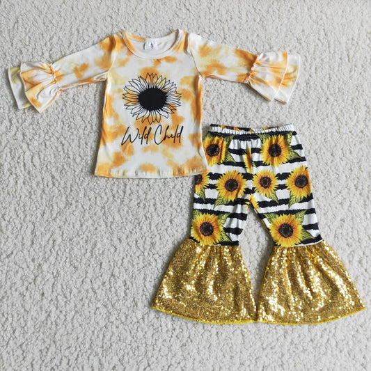 Fall Outfits Sunflower Bottom Sequins Girls Set