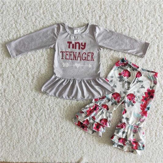 Fall Outfits Grey Flowers Girls Set