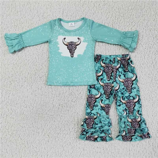 Fall Outfits Blue Cow Ruffle Pants Girls Set