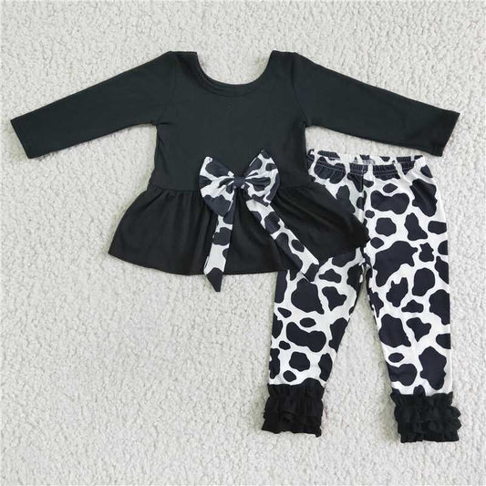 Fall Outfits Black Cow With Bow Pants Girls Set