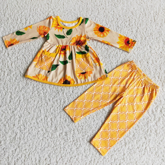 Fall Outfits Sunflower With Pocket Girl Set