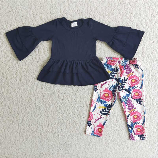 Fall Outfits Navy Flowers Girls Set