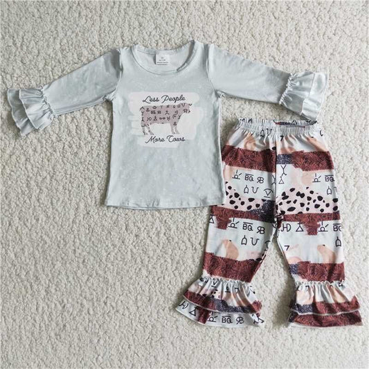 Fall Outfit Cow Ruffle Pants Girls Set