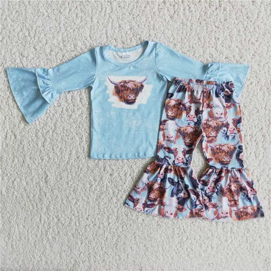 Fall Outfit Blue Highland Cow Ruffle Pants Girls Set