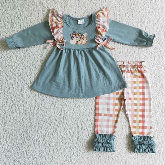 Fall Outfits Embroidery Pumpkin Flowers Ruffle Girls Set