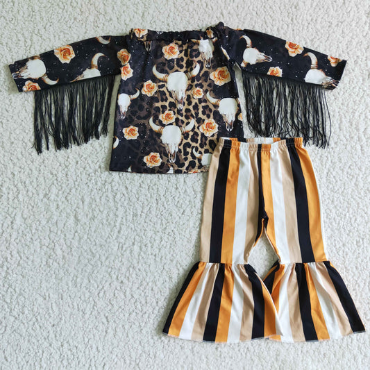 Fall Outfits Flowers Cow Stripe Girls Set