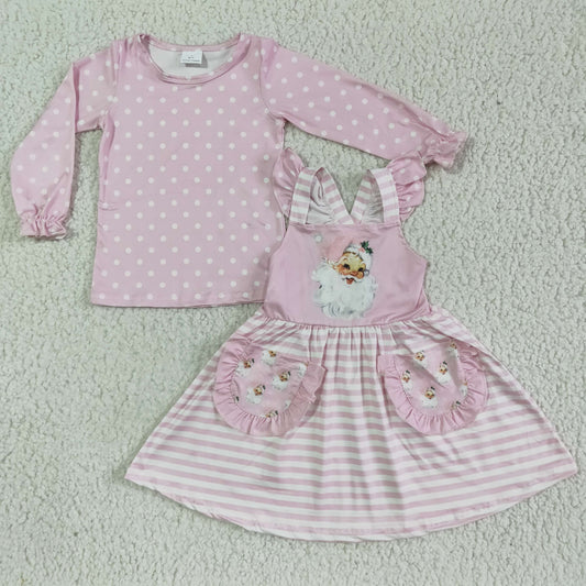 Christmas Pink Santa Polka Dots Girls Overall set