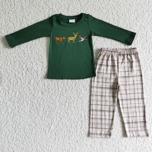 Fall Outfits Embroidery Green Dog Deer Long Sleeve Boy Set