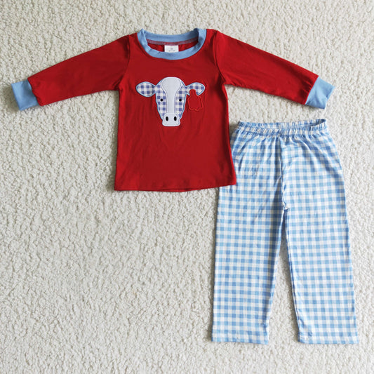 Fall Outfits Embroidery Cow Boy Set