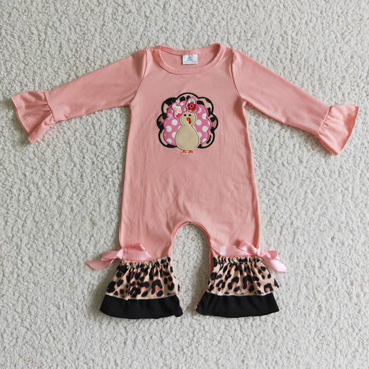 Thanksgiving Turkey Embroidery Pink Girls Romper