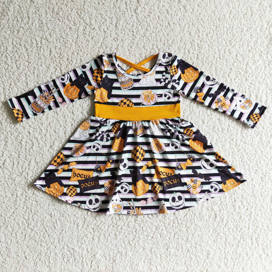 Halloween Striped Pumpkin Cartoon Girls Dress
