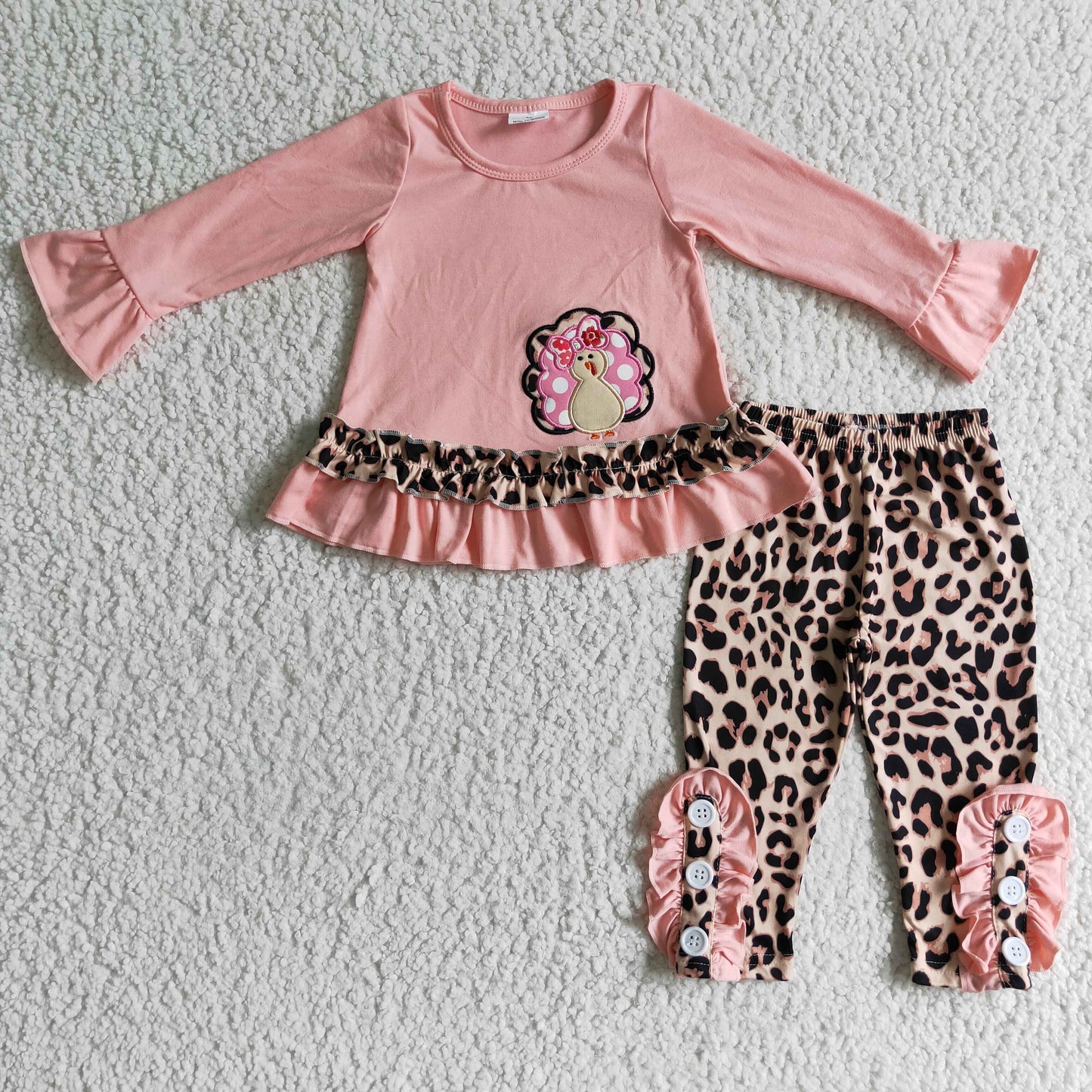 Thanksgiving Turkey Embroidery Pink Girls Outfits