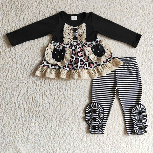 Black Lace Pocket Striped Pant Girls Set