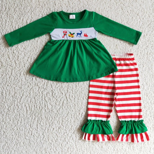 Christmas Embroidery Santa Green Boy Set