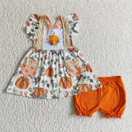 Flower Pumpkin Embroidery Girls Set