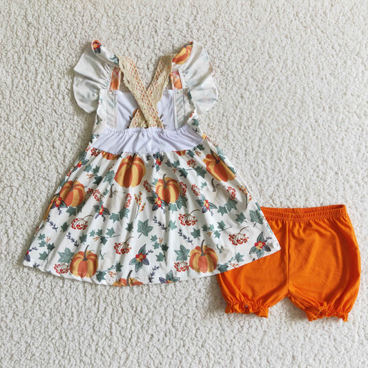 Flower Pumpkin Embroidery Girls Set