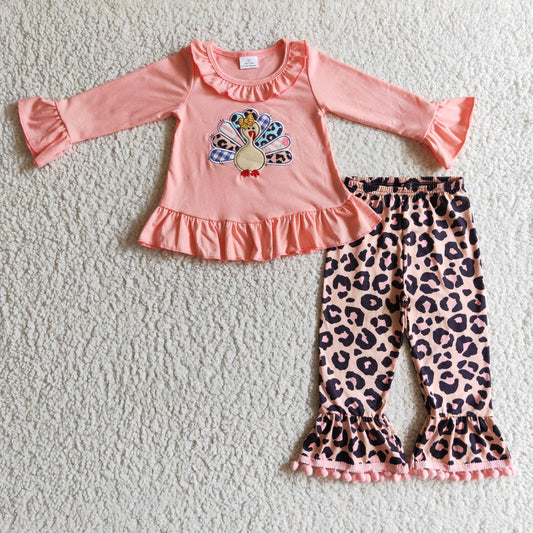 Pink Embroidered Turkey Leopard Girls Outfits