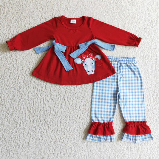 Fall Outfits Embroidery Cow Ruffle Girls Set